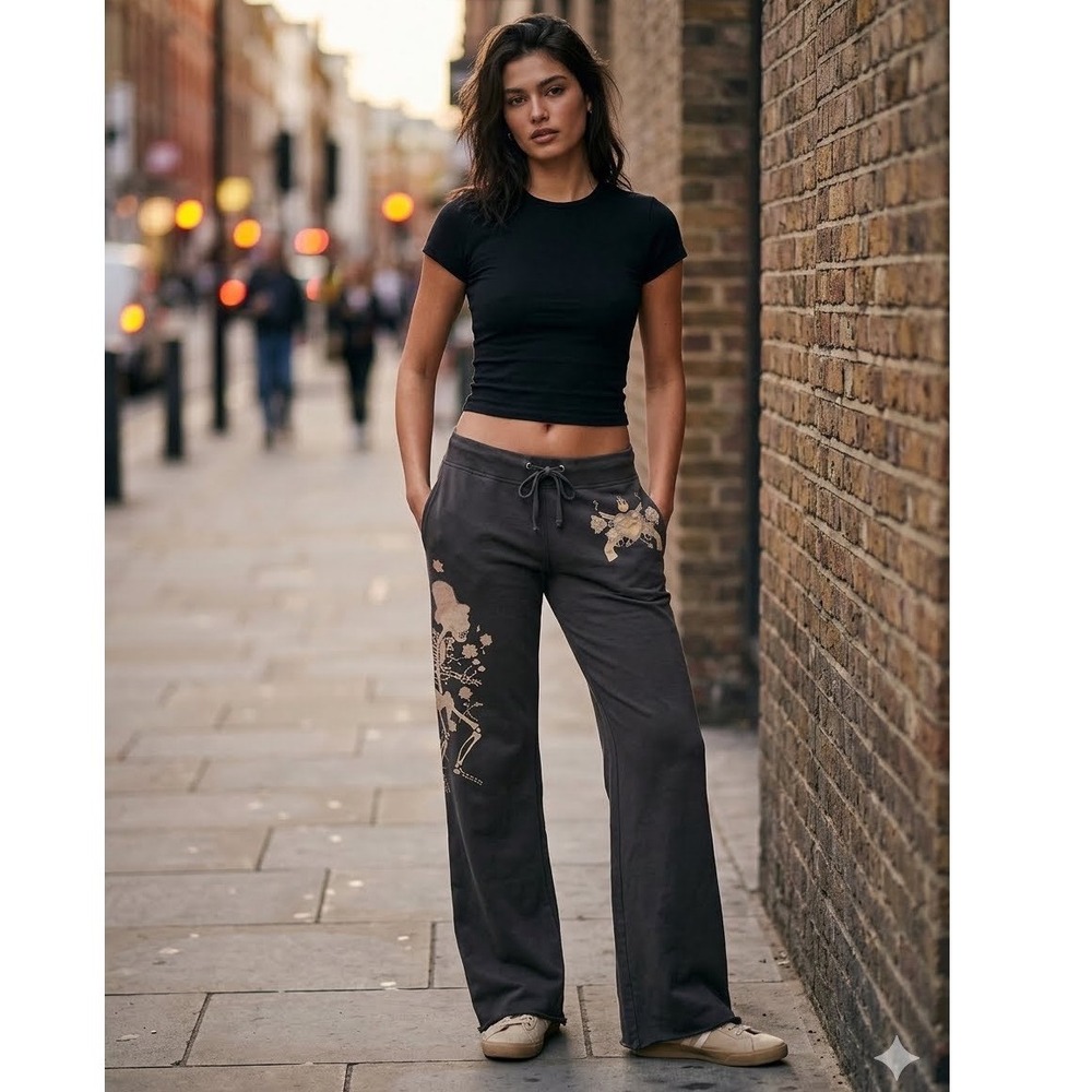 Lucky Brand Y2K Skeleton Heart Guns Sweatpants Black Wide Leg Distressed 90's